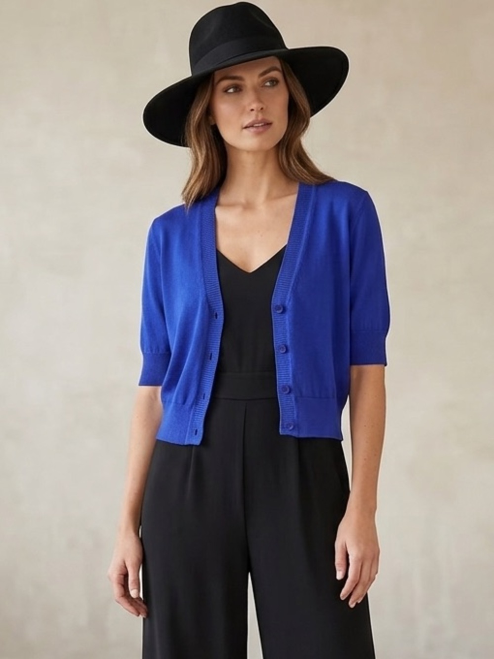 Evan-Picone knit cardigan sweater, button, blue, V-neck, short sleeve, 10P
